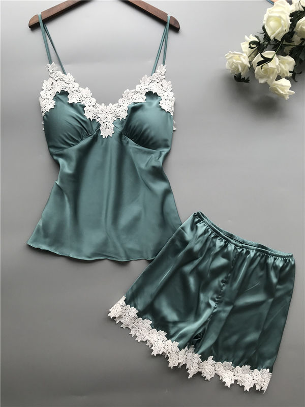Набор v женского белья шнурка Breathable сатинировки Sleepwear пижам женщин двухкусочный - шея