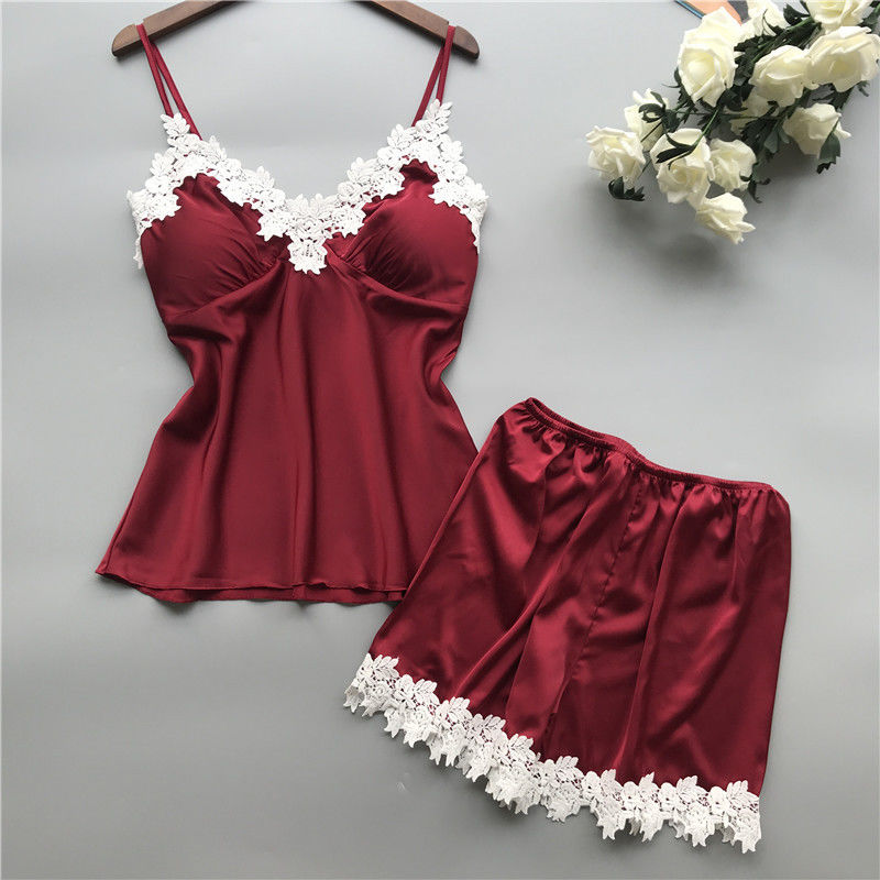 Набор v женского белья шнурка Breathable сатинировки Sleepwear пижам женщин двухкусочный - шея