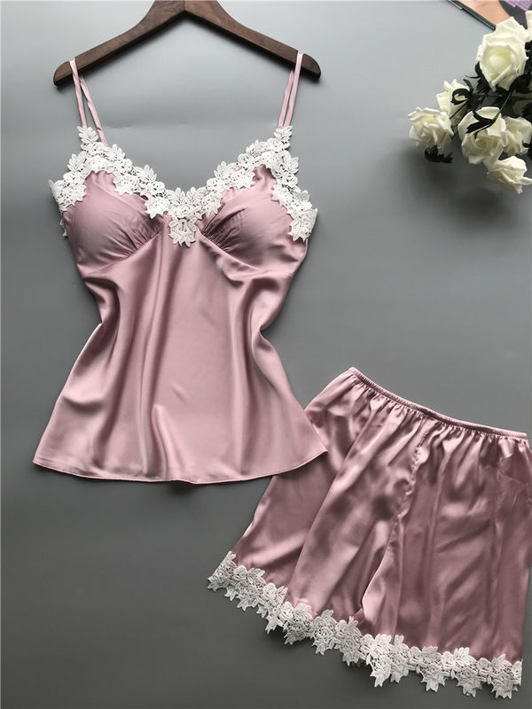 Набор v женского белья шнурка Breathable сатинировки Sleepwear пижам женщин двухкусочный - шея